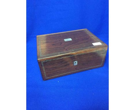 VICTORIAN ROSEWOOD JEWELLERY BOXwith mother of pearl inlaid cartouche engraved 'Agnes', opening to reveal interior sections, 
