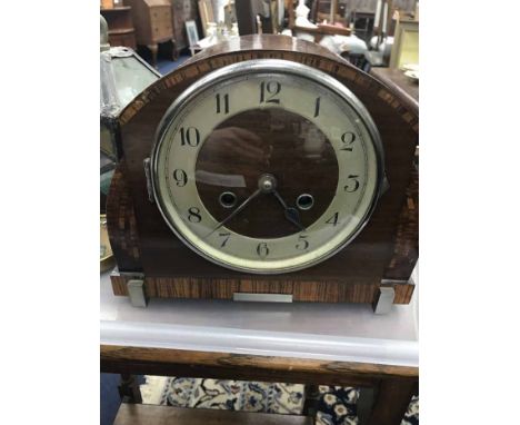 WOODEN MANTEL CLOCKalong with a coloured glass lamp shade, a Rapport clock, a brass picture frame, collection of various meta