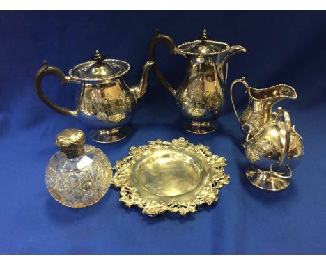 SILVER TOPPED SCENT BOTTLEalong with a silver plated part tea service, sugar scuttle and tray (6)