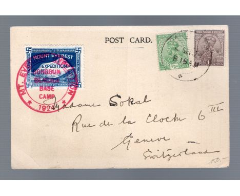  India 1924 Mount Everest Expedition label on PPC with commemorative cachet showing base camp in the Rongbuk Valley, Tibet, s