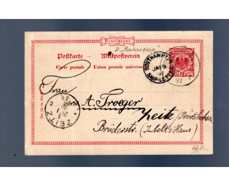 German Seepost  1897 ships letter on pre franked stationery with fine cds Deutsche Seepost Australische Hampthinie to Germany