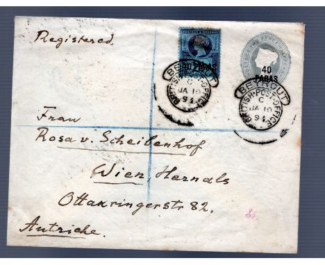 British Levant 1894 registered cover, pre-stamped with 2 1/2 d o’printed 40 Para and uprated with additional 40 para on 2 1/2