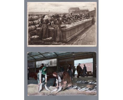 Scotland fishing related 2 cards, Herring Gutters, Wick, Sepia print. Fish Market Aberdeen, colour