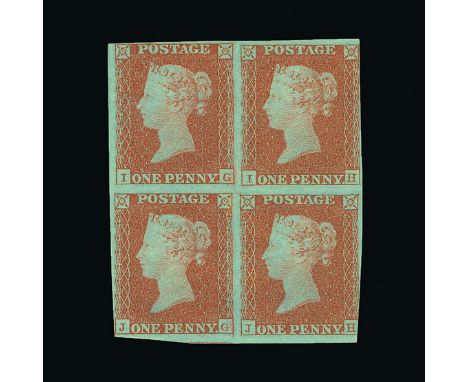 Great Britain - QV (line engraved) : (SG 8a) 1841 1d red-brown on very blue paper, block of 4, IG-JH, just into at lower righ