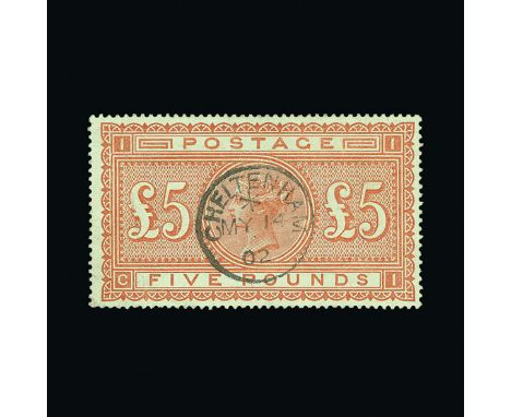 Great Britain - QV (surface printed) : (SG 137) 1867-83 £5 orange, CI, light central upright CHELTENHAM cds, faint pressed ou