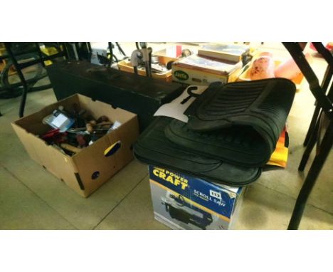 Halfords roof box, wood working box and tools etc.