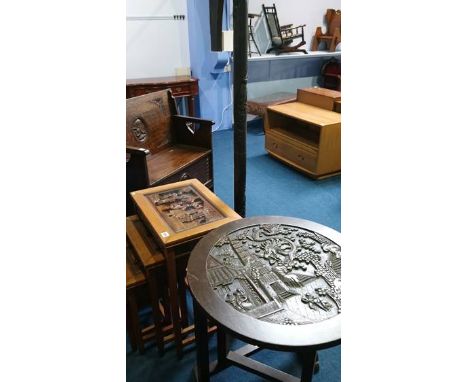 An Oriental lamp, folding table and a nest of tables (3)