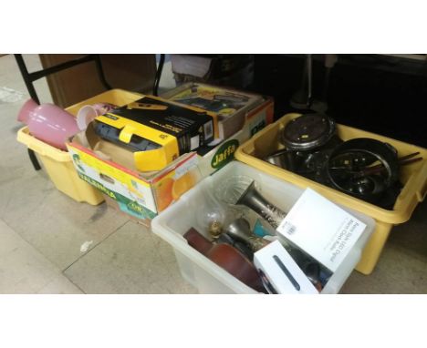 Two boxes of tools, three boxes of china including a pair of Victorian glass vases
