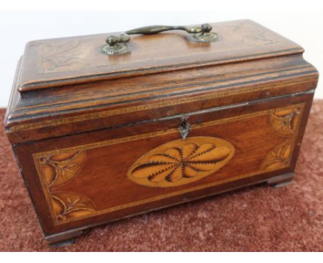 18th/19th C mahogany inlaid tea caddy of rectangular form with hinged lift up top revealing two internal canisters, on steppe