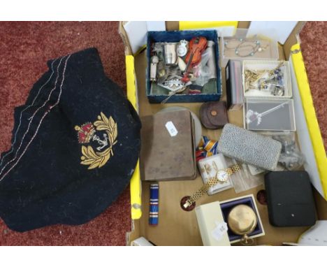 Selection of various costume jewellery, miniature violin, transport and military badges, tins, pocket compass etc 