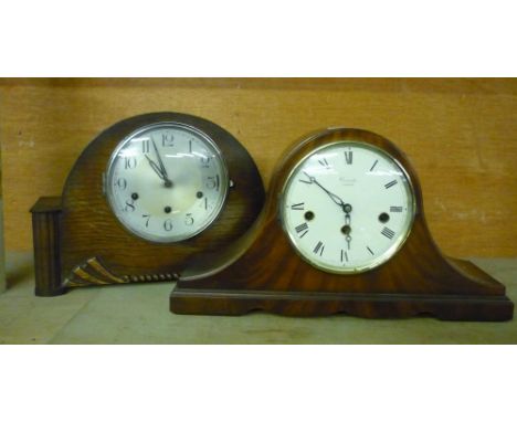 Oak cased steel faced mantel clock and a mahogany Comitti of London mantel clock (2) 