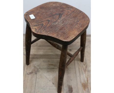 Elm country style stool on four supports and H shaped under stretcher 