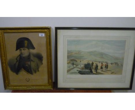 19th C coloured print portrait of Napoleon Bonaparte by A. Mousin, and a coloured print 'Highland Brigade Camp' (2) 