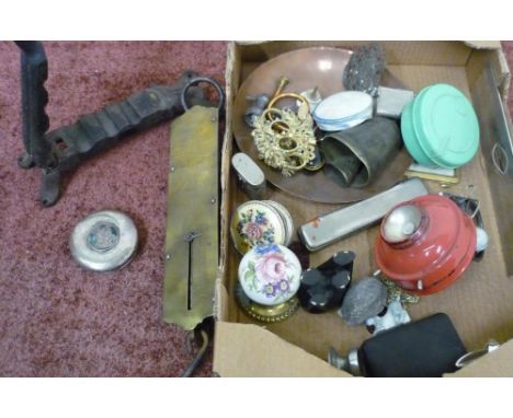 Victorian suppository mould, Slaters Improved Spring Balance scales, silver hallmarked Art Nouveau style dressing jar top wit