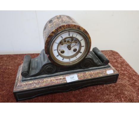 Third quarter of the 19th C marble and slate drum head mantle clock, with white enamel dial, brocot escapement movement, coun
