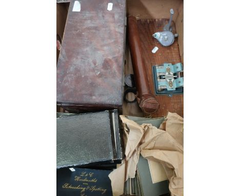 Vintage camera tripod with tan leather carry case, 19th C mahogany tea caddy, various camera negative glass plates etc 
