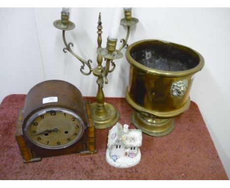 Art Deco walnut cased mantle clock, a brass jardiniere, a Staffordshire style Pastille Burner cottage and a brass three branc