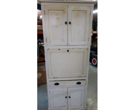 Early - mid 20th C painted kitchen combination cabinet with two upper panel doors above fall front, with enamel work surface 