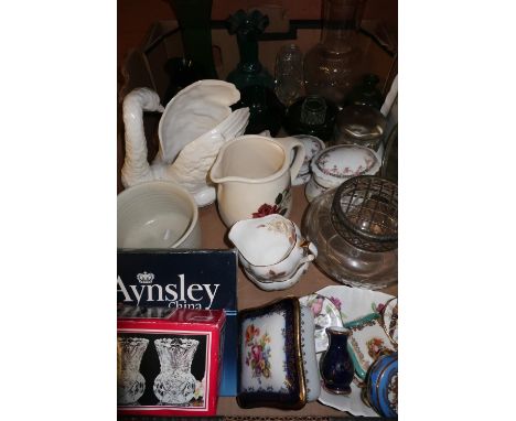 Ceramic swan planter, various glassware, Aynsley and other ceramics, Limoges style cabinet pieces etc 