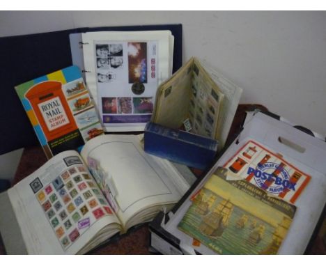 Box containing a selection of various assorted stamp albums, FDCs, world stamps, the Queens Golden Jubilee 2002 FDC &amp; Coi