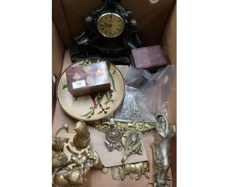 Early 20th C leather bound carriage clock carry case, a set of long case clock spandrels, decorative brass ware etc 