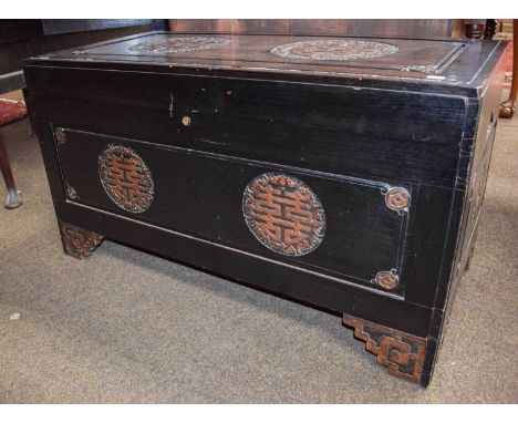 An Early 20th Century Chinese Camphor Wood Lined Trunk, decorated with bats, 101cm by 50cm by 56cm