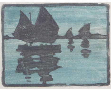 Jeka Kemp (1876-1966) ScottishSailboats by moonlightSigned in pencil and dated (19)06, wood block print, 10cm by 12cm