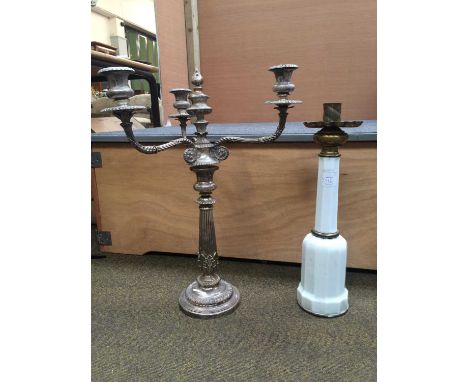 A 19th Century Opaque Glass and Brass Candlestick, of faceted mallet form, 50cm, and a silver plated three branch candelabra,