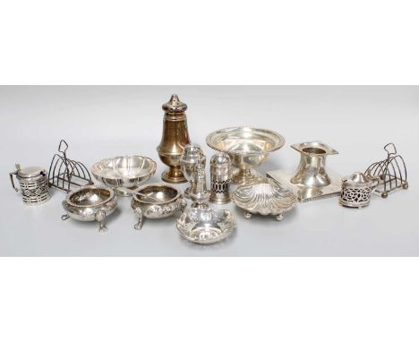 A Collection of Assorted Silver, including a pair of Victorian silver salt-cellars, the sides chased with foliage; a shell-sh