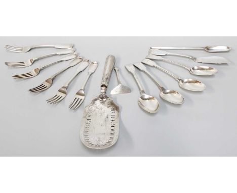 A Collection of George III and Later Assorted Silver Flatware, comprising a marrow-scoop, engraved with a crest; a fish-slice