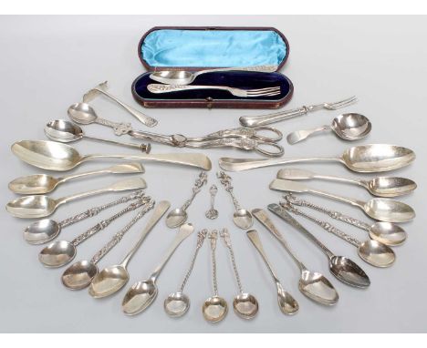 A Collection of George II and Later Silver Flatware, various patterns, including a Hanoverian pattern table-spoon, London, 17