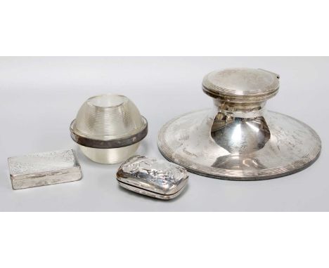 Four Assorted Silver Items, comprising a capstan-inkwell, with reeded borders; a silver-mounted match-striker and two snuff o