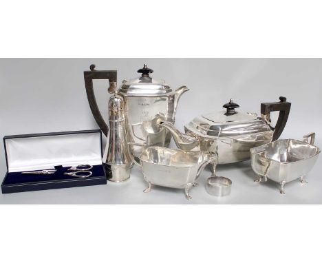 A Four-Piece Elizabeth II Silver Tea-Service, Birmingham, each piece tapering oblong and on scroll feet, comprising a hot-wat