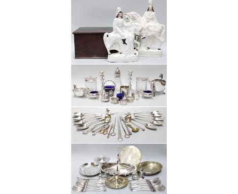 A Collection of Assorted Silver and Silver Plate, the silver including a silver-mounted cut-glass caster; a candlestick, fill