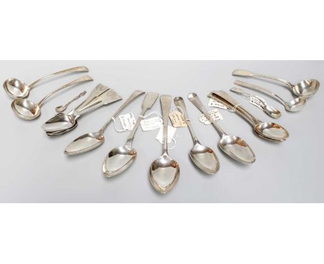 A Collection of George III and Later Silver Flatware, including a set of four Old English pattern dessert-spoons, engraved wi