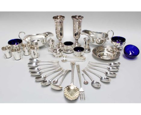 A Collection of Assorted Silver, including two differing sauceboats, each on three scroll feet; an armada dish, 11.5cm diamet