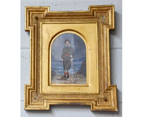 A Victorian Overpainted Photograph, portrait of a boy at the beach, in Kent type frame with arched mount, label for J. D. Spe