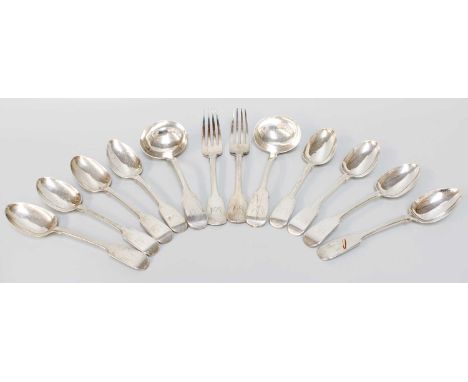 A Collection of Victorian Silver Flatware, Various Makers and Dates, Fiddle pattern, engraved with differing crests, comprisi