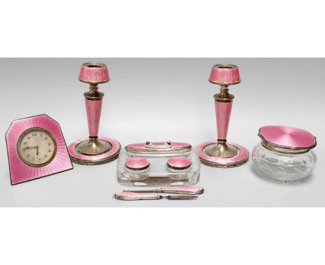 A Collection of George V and George VI Silver and Enamel Dressing-Table Items, Birmingham, comprising a strut timepiece, stam