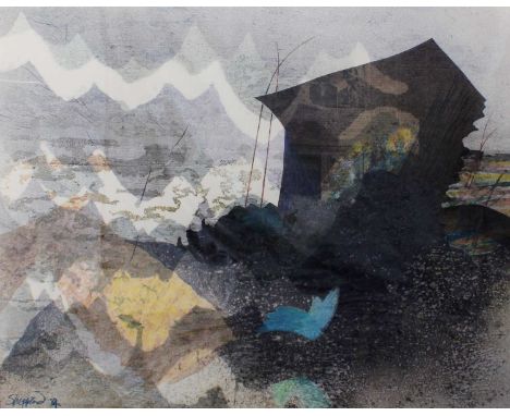 *Sheppard (20th century)Abstract mountainous landscapeSigned and dated (19)84, mixed media print on fabric, 70cm by 97cm