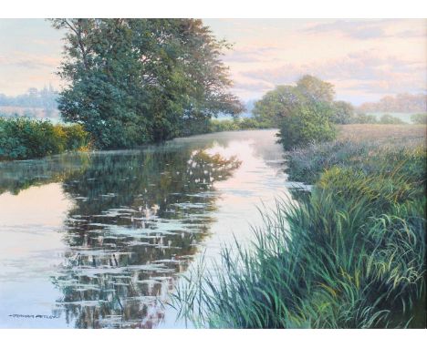Graham Petley (b.1944)"R Chelmer at Paper Mills - Evening"Signed, inscribed verso, oil on canvas, 45cm by 60cm