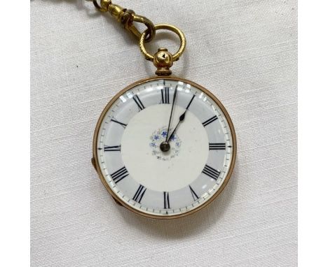 Continental gold-coloured metal fob watch, open-faced with enamel dial decorated with blue flowers, key winding with engraved