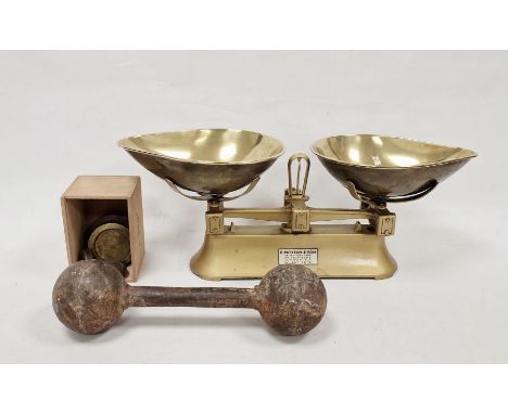 Vintage set of scales by E Patston and Son, Spitalfields London, together with assorted weights and vintage cast iron dumbbel
