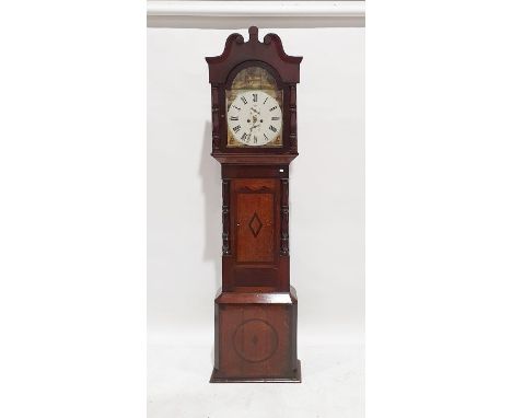 19th century longcase clock, unmarked, the arched painted dial with sailing ships in the quarters and castle and bridge, the 