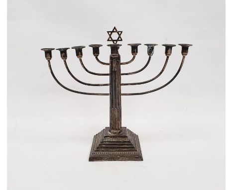 1930's silver nine-branch menorah&nbsp;with Star of David with fluted column on a square stepped base, makers Britton, Gould 