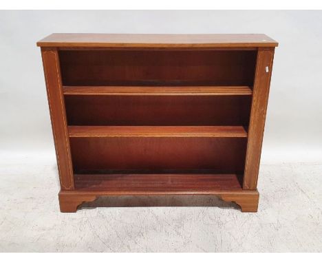 20th century mahogany and strung open bookcase, the rectangular top above three shelves, on bracket feet, 92cm x 107cm x 25cm