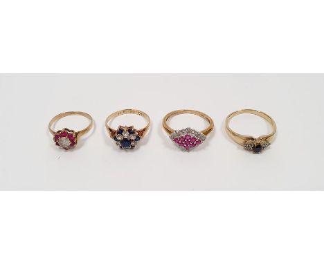 9ct gold, ruby and diamond lozenge-shaped cluster ring, 2.5g, a gold flower-shaped ring, a 9ct gold, sapphire and white stone