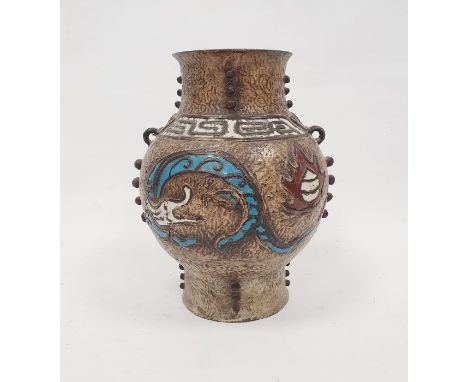 Chinese archaic style metal and champleve enamel vase, the body with stylised dragon decoration, the whole on circular foot, 