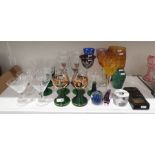 Five assorted Bohemian flash cut hock glasses, an Orrefors clear glass candle holder by Sven