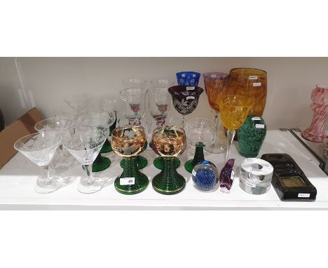 Five assorted Bohemian flash cut hock glasses, an Orrefors clear glass candle holder&nbsp;by Sven Parmqvist, signed to base '